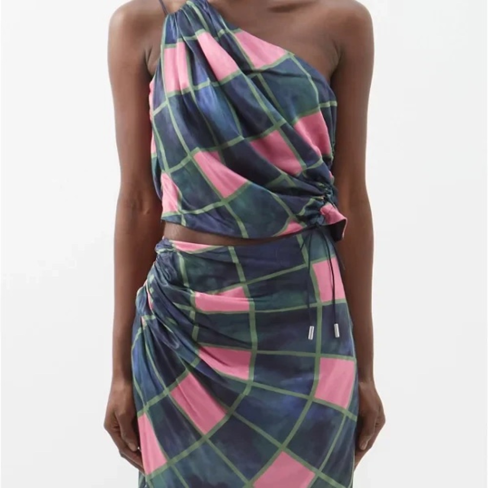 NWT AHLUWALIA Patel One-Shoulder Draped Navy-Pink Check Satin Top & Mini Skirt
